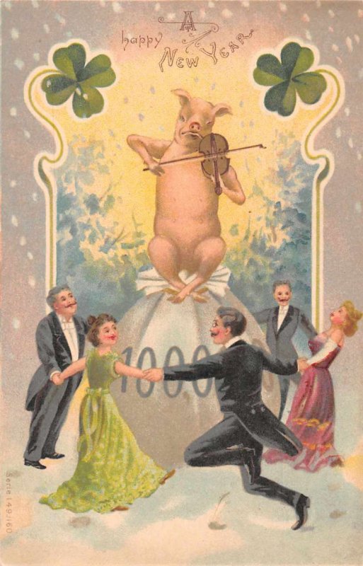 New Year Greetings Pig Playing Violin on Money Bag People Dancing PC JJ649004