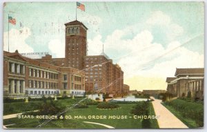 1909 Sears Roebuck Mail Order House Chicago IL Vintage Postcard Flag Tower