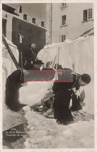 Switzerland, Grand Saint Bernard, RPPC, Monastery, Men Removing Snow on Sleigh