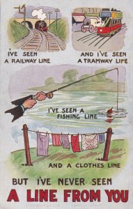 Railway Tram Fishing & Washing Comic Types Of Line Old Postcard