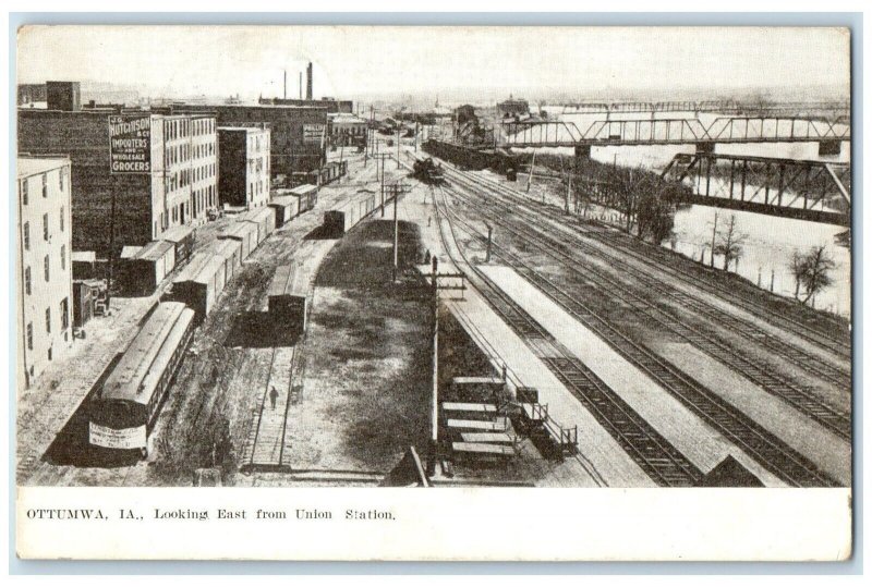 1908 Looking East Union Station Exterior Building Train Ottumwa Iowa IA Postcard