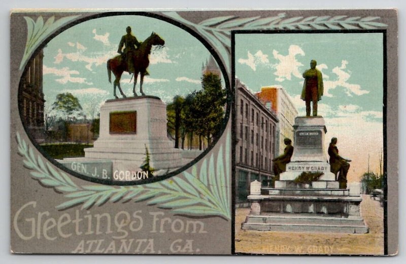 Georgia Atlanta GA Greetings General Gordon & Henry Grady Monuments Postcard C32