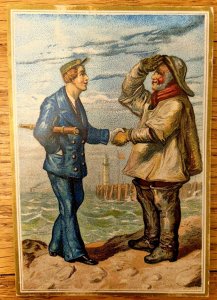 Victorian Trade Card Antique Sailors Shaking Hands Nautical Colorful Large Piece