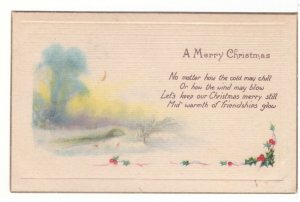 A Merry Christmas, Poem, Winter Scene, Holly, Vintage 1924 Postcard