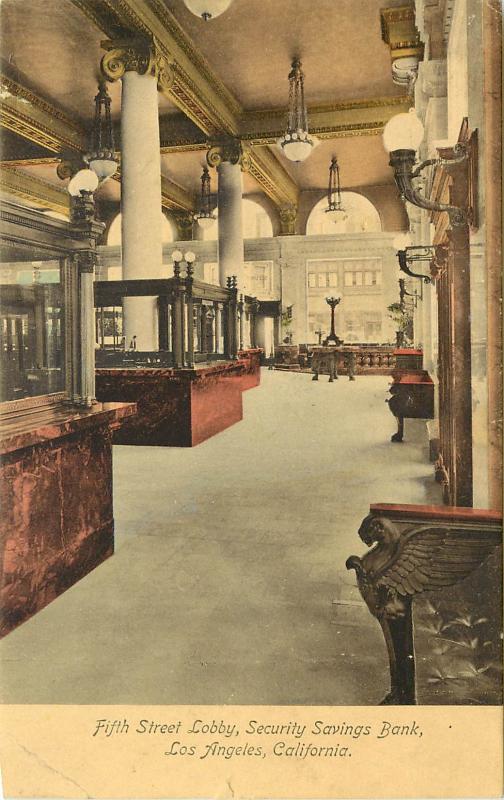 c1910 Postcard Fifth Street Lobby Security Savings Bank interior Los Angeles CA