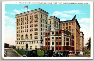 Vtg Akron Ohio OH Police Station Municipal Building Bank 1920s View Postcard