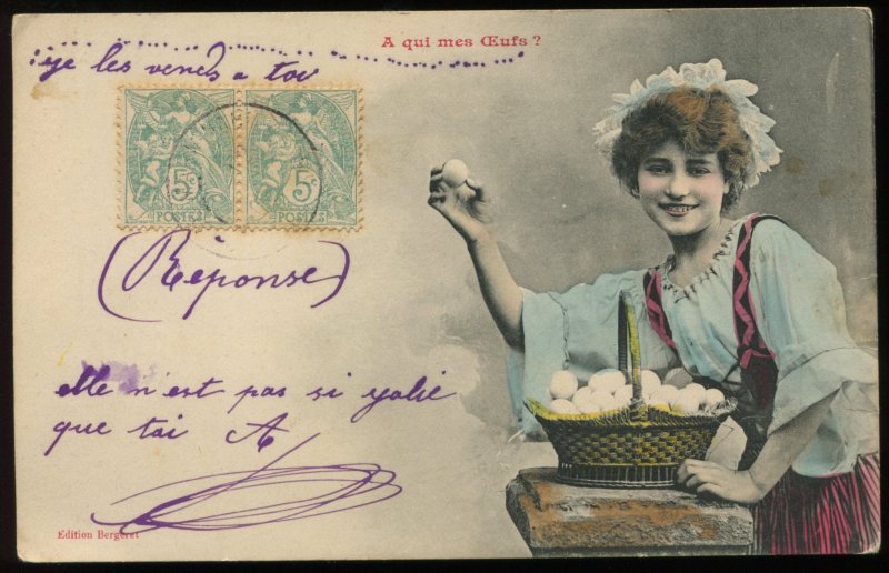 Girl selling eggs. Bergeret hand tinted real photo. Pre-1910. A qui mes Oeufs?