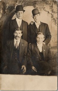 RPPC Four Handsome Dapper Men Derby Hats Mustache c1910 Studio Photo Postcard V5