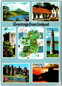 VINTAGE CONTINENTAL SIZE POSTCARD GREETINGS FROM IRELAND (6) SCENES & MAP