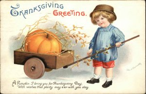 Clapsaddle Thanksgiving Int'l Art Little Boy Pumpkin Wagon Vintage Postcard