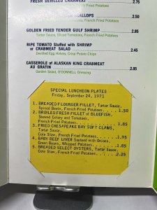 Vintage 1971 O'Donnell's Tang O' The Sea Food Dinner Menu Bethesda MD