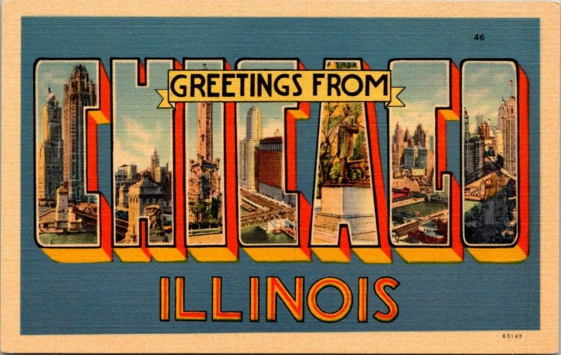 Greetings from Chicago Illinois Linen Postcard