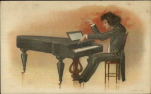 Composer Virtuoso Man Long Hair at Piano c1905 Postcard
