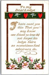 To My Dear Ladye, 1913 Romantic Poem Red Hearts Pink Wild Roses Vintage Postcard