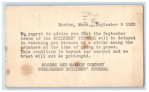 1920 Boston MA, Roger's And Manson Co Builder's Journal Employee Strike Postcard