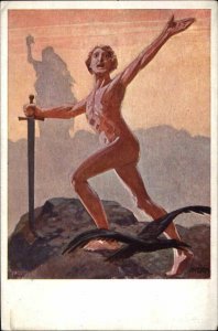 Nude Man Sword & Eagle - Artist A Reich? C1910 Postcard