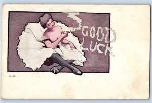 1906 Good Luck Woman Smoking Cigarette Signed Artist Posted Antique Postcard