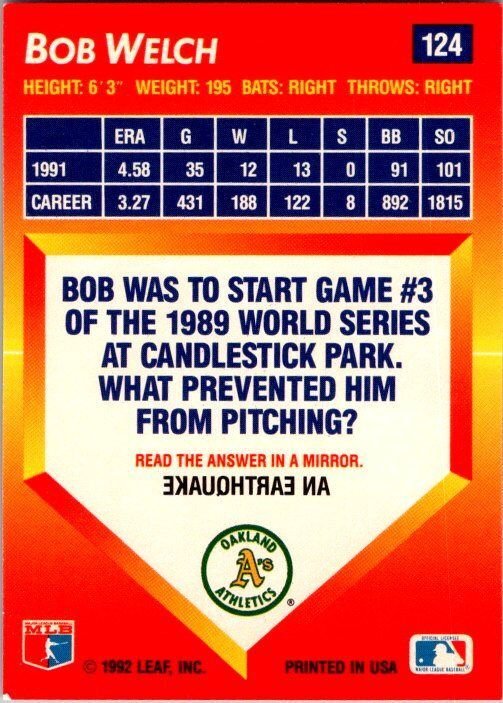 1992 Donruss Baseball Card Bob Welch Oakland Athletics sk3172