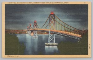 Bridge~Night View Of Oakland Bay Bridge~San Francisco CA~Vintage Postcard 