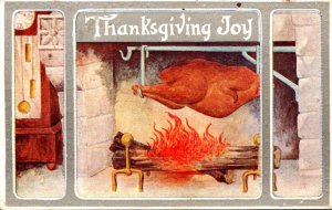 Thanksgiving Greetings With Turkey Roasting In Fireplace 1923