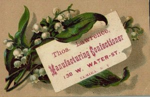 Thos Lawrence Manufacturing Confectioner Floral Victorian Calling Card Elmira NY 