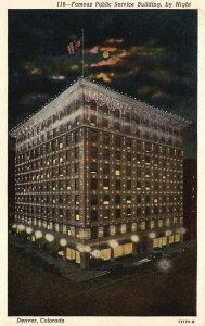 Vintage Postcard 1920's Public Service Building by Night Denver Colorado CO