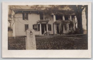 RPPC Woman On Step With Dog of Large Pillar House Real Photo Postcard A38