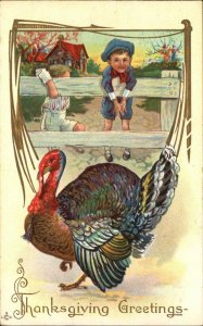 Thanksgiving Stecher Ser 113G Boys Watch Turkey Embossed c1910 Postcard