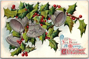 1910 Christmas Bells Green Leaves May You Have A Merry Christmas Posted Postcard