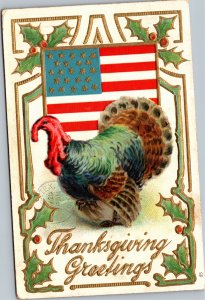 Postcard Patriotic thanksgiving Turkey with Flag and Holly Border