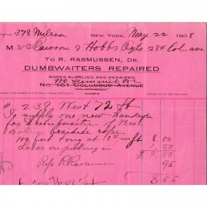 1908 Antique Billhead - R. RASMUSSEN - Dumbwaiter Repair - New York