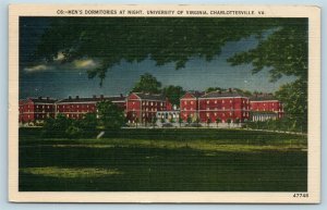 Postcard VA Charlottesville University of Virginia Men's Dormitories Night W18