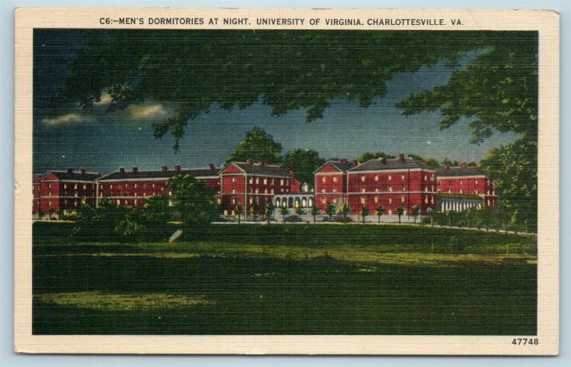 Postcard VA Charlottesville University of Virginia Men's Dormitories Night W18