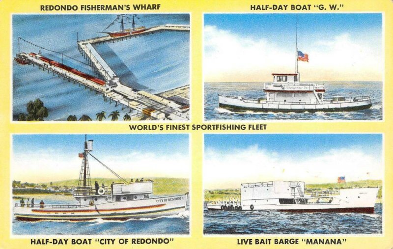 REDONDO BEACH Fisherman's Wharf Sportfishing Fleet Boats c1950s Vintage Postcard