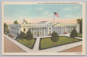 Linen~US Post Office & Court House~Flag~Charlotte NC~Art Colortone~Vintage PC