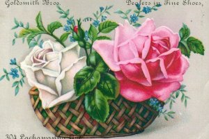 Victorian Trade Card Goldsmith Bros-Dealers in Fine Shoes Roses in Basket Z5 