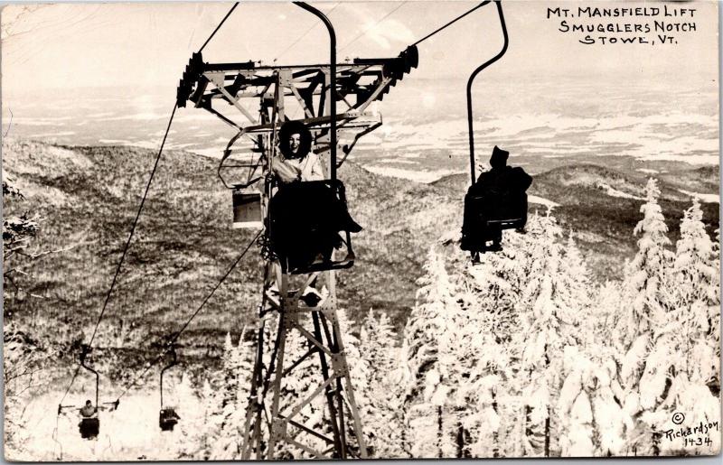 RPPC Woman on Mt Mansfield Ski Lift Smugglers Notch Stowe VT c1954 Postcard L13