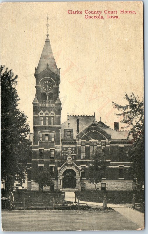 c1910s Osceola, IA Clarke County Court House City Hall Clock Tower Litho PC A204