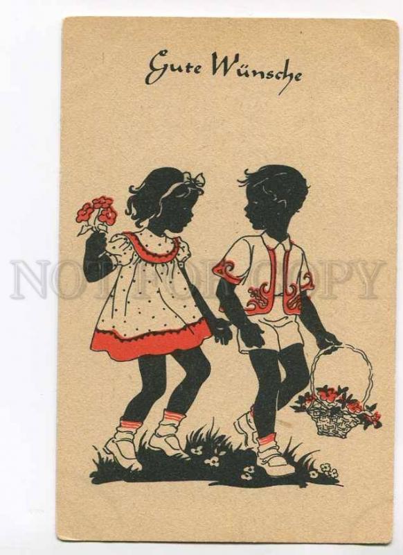 279647 Greeting SILHOUETTE Kids w/ Flowers Vintage German PC