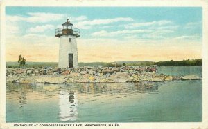 Maine Manchester 1923 Lighthouse Cobbosseeconte Lake Postcard Teich 22-3573