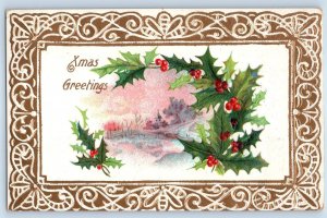 1909 Christmas Greetings Holy Berries Embossed Horsehead New York NY Postcard