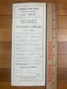 Antique 1885 Home Insurance Company of New York Warsaw Indiana Contract