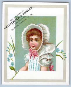 GLENS FALLS NY*CRITTENDEN & COWLES*PRETTY GIRL*FANCY HAT VICTORIAN TRADE CARD 3