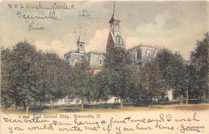 Greenville Ohio 1907 Postcard East School Building Darke County Hand Colored