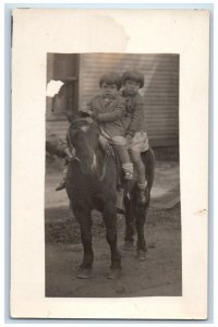 c1930's Candid Children Girls Horseback Horse Saddle RPPC Photo Postcard 