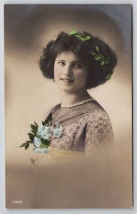 RPPC Edwardian Prussia Woman Hand Colored Powder Blue Flowers Postcard S21