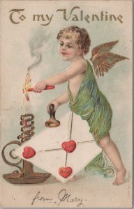 Valentine Postcard To My Valentine Cupid Lighting Candle