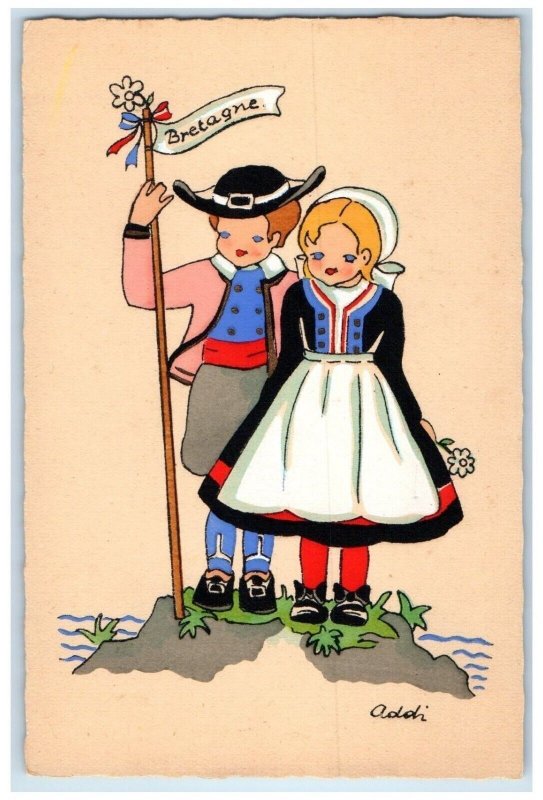 c1930's Little Boy And Girl With Flower Bretagne France Vintage Postcard