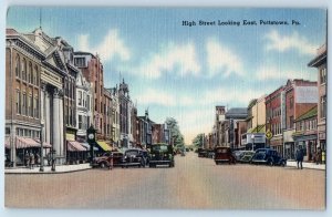 c1940 Pottstown Pennsylvania Vintage Postcard High Street Looking East Old Cars