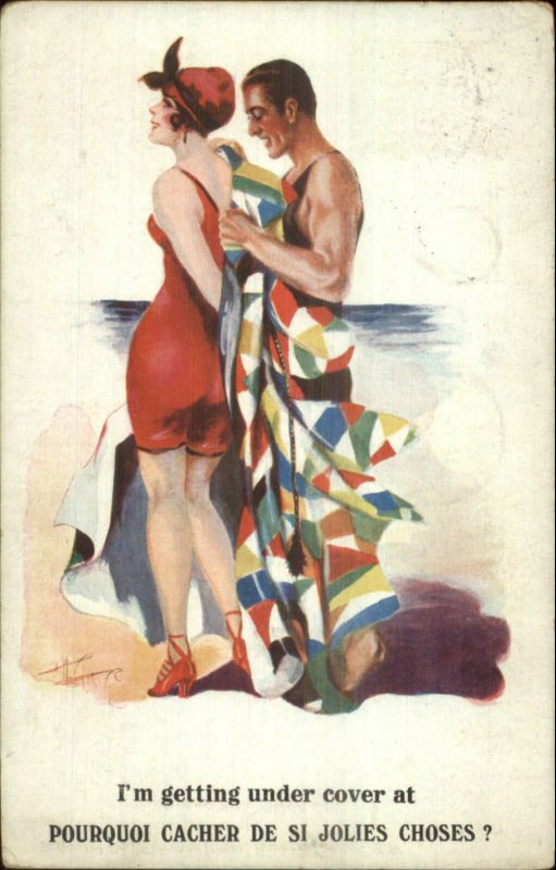 Bathing Beauty Woman Handsome Man Colorful Robe on Beach Psotcard